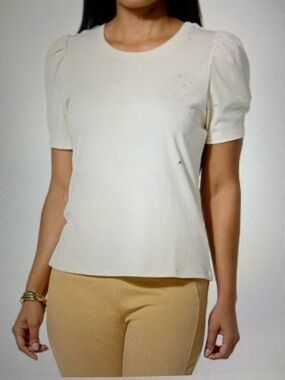 Jaclyn Smith Ivory Short Puff Sleeve Ribbed Knit Tee Shirt Top Size M New